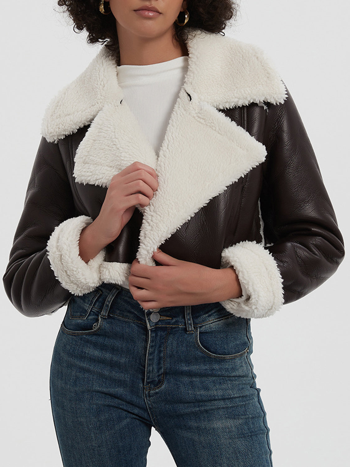 Collared Neck Long Sleeve Plush Cropped Jacket