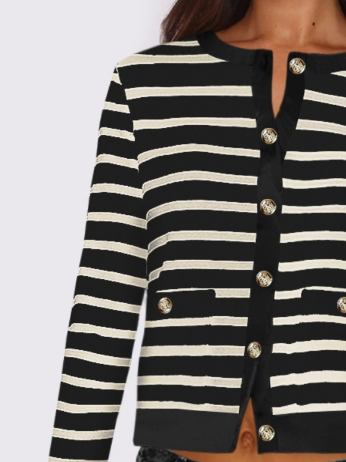 Striped Round Neck Button Up Long Sleeve Cardigan