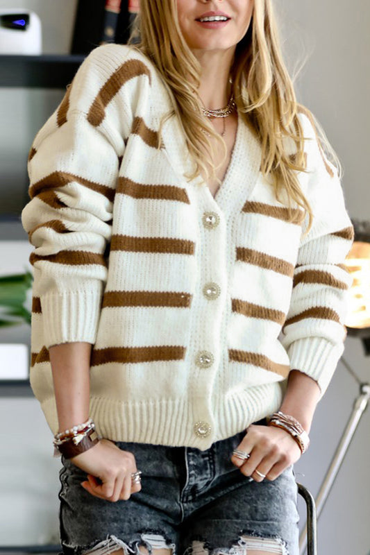 Striped V-Neck Button Down Cardigan