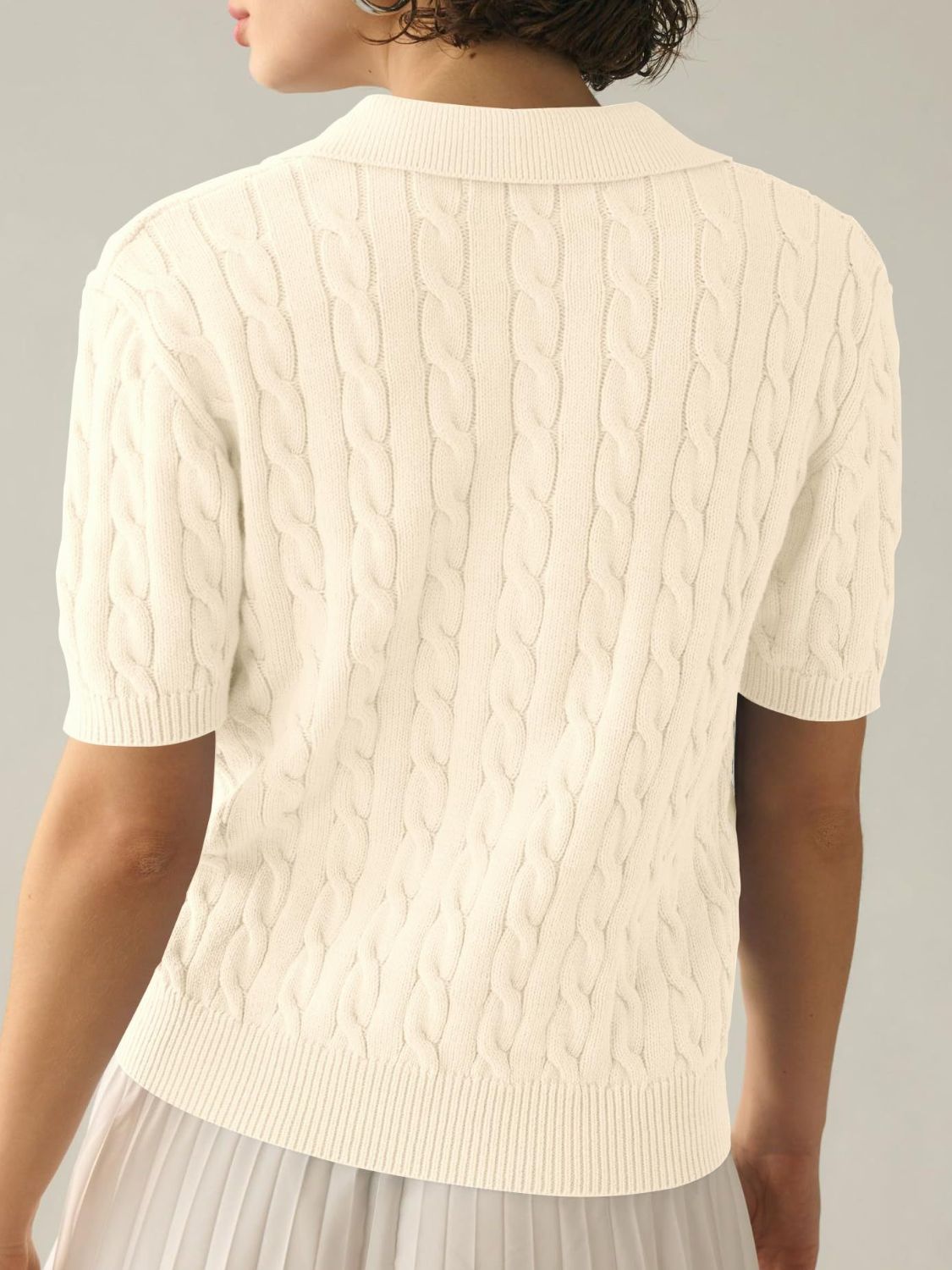 Cable-Knit Collared Neck Half Sleeve Sweater