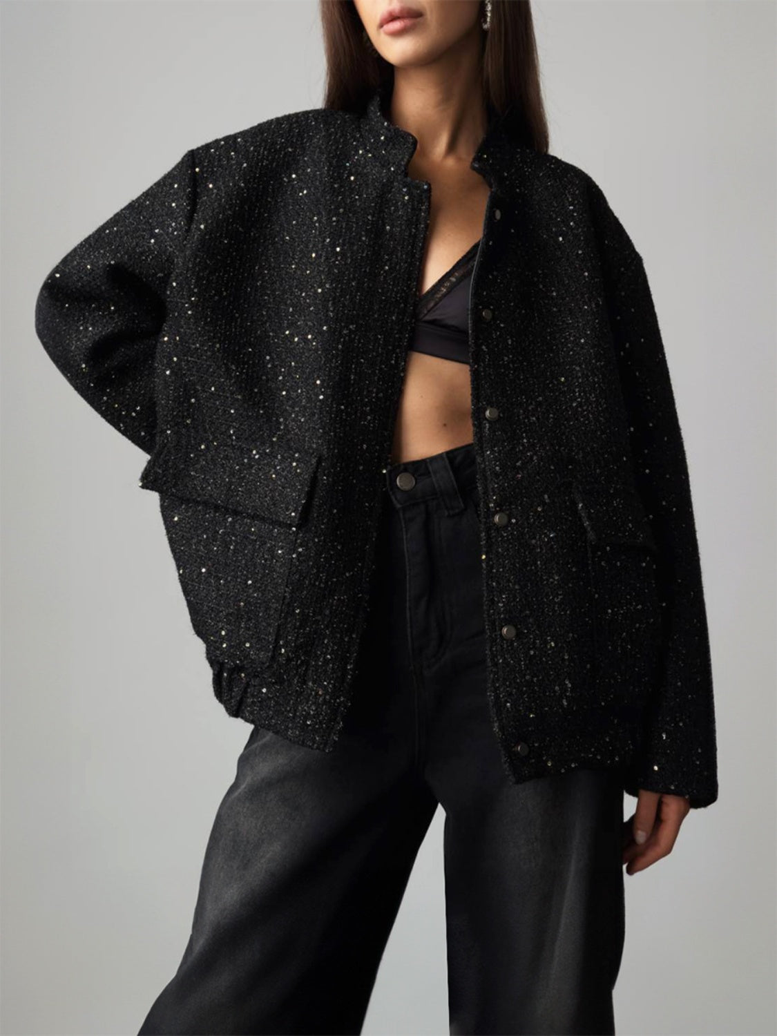 Sequin Detail Pocketed Long Sleeve Jacket