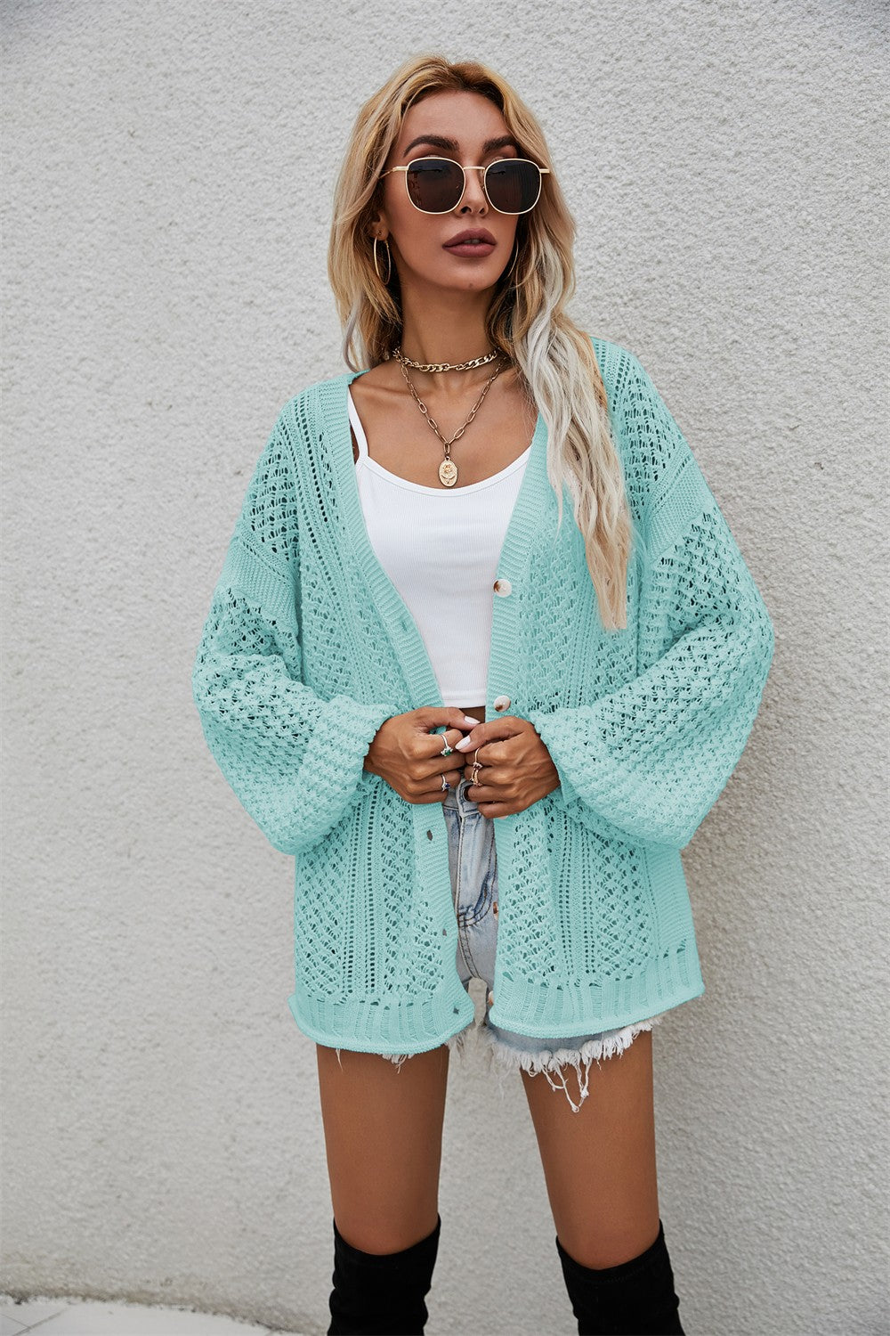 Openwork V-Neck Button Up Cardigan