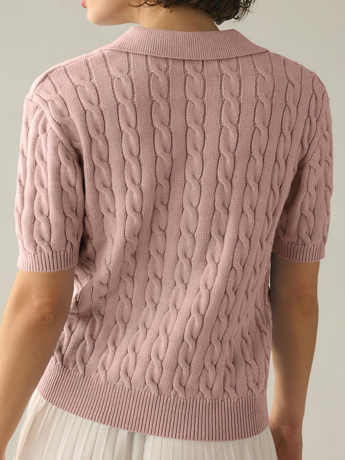 Cable-Knit Collared Neck Half Sleeve Sweater