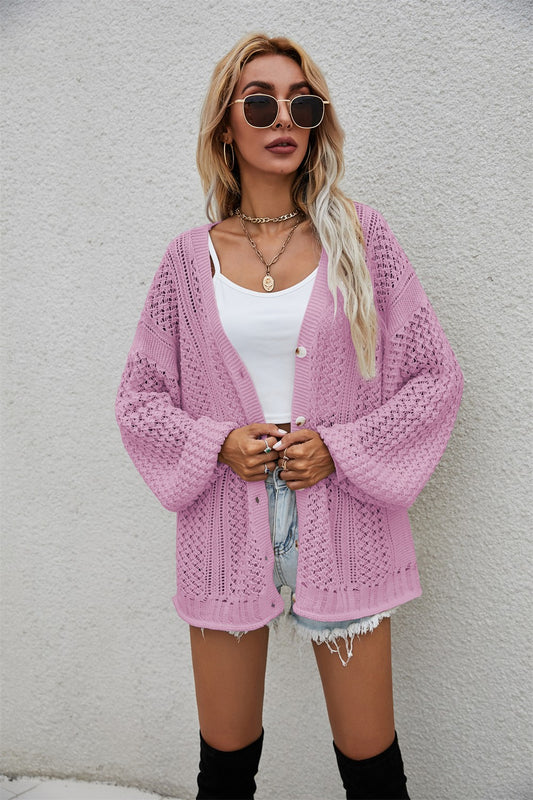 Openwork V-Neck Button Up Cardigan