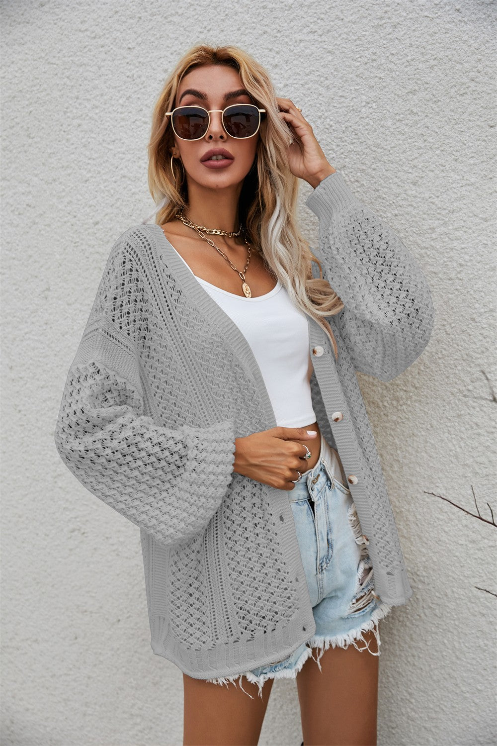 Openwork V-Neck Button Up Cardigan