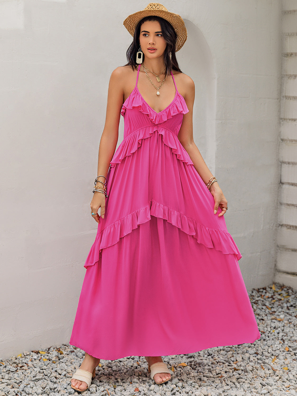 Ruffled Halter Neck Sleeveless Maxi Dress