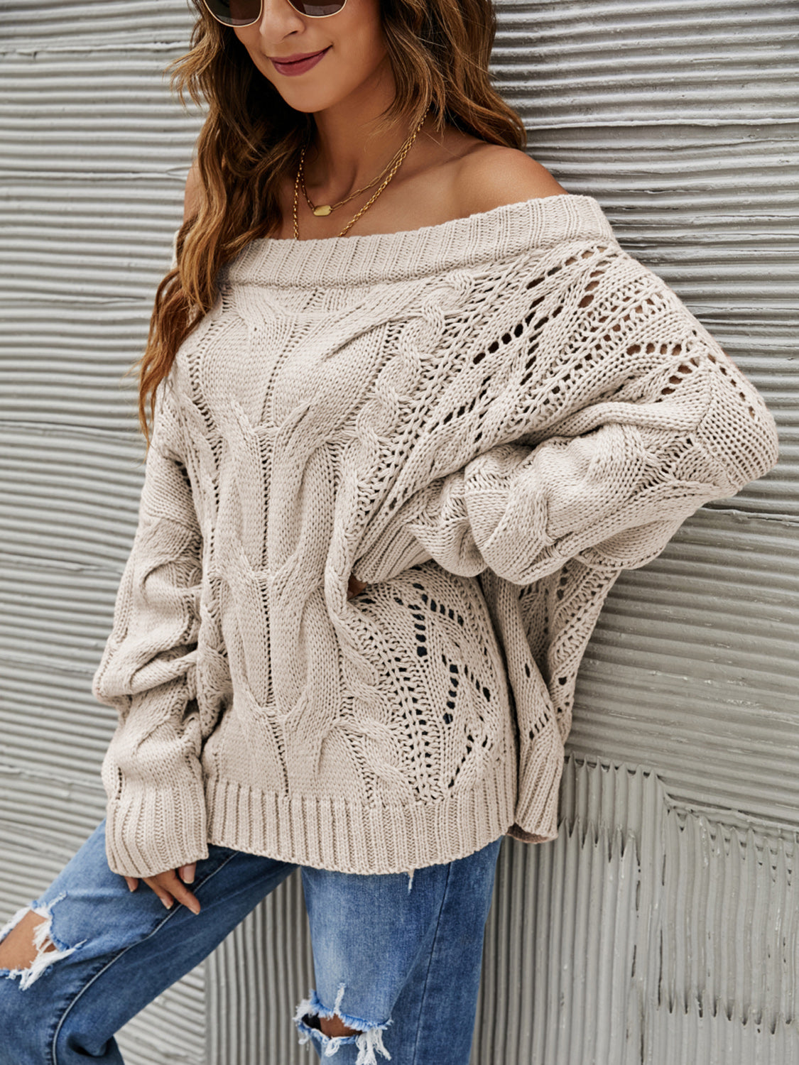 Cable Knit Openwork Off-Shoulder Sweater