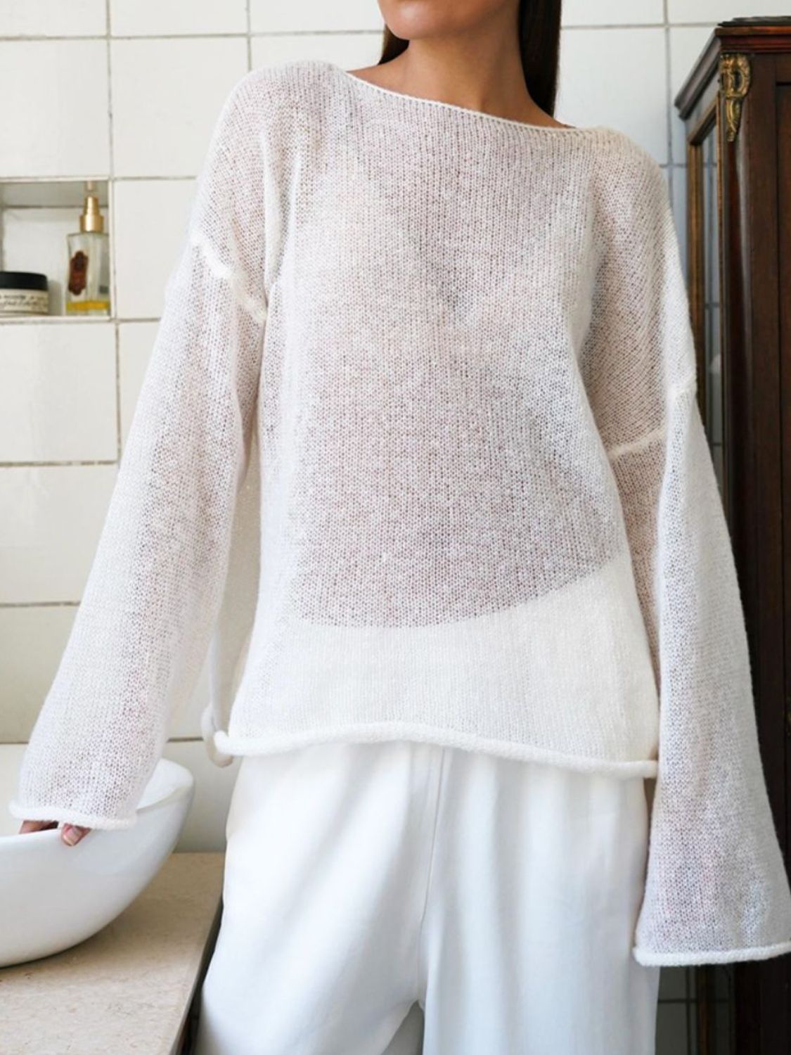 Boat Neck Long Sleeve Knit Cover Up